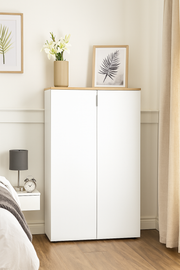 White and oak effect shoe rack cabinet with two doors, 72cm wide, stylish storage unit by Lavish Kitchen Isle