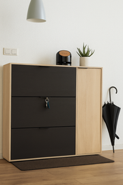 Lavish Kitchen Isle Eclat Oak and Oxido Dark Brown shoe rack cabinet with space for 20-25 pairs in modern entryway.