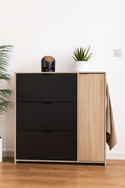 Lavish Kitchen Isle Eclat Oak Effect and Oxido dark brown shoe rack cabinet, wooden space-saving organiser for 20-25 pairs shoes.