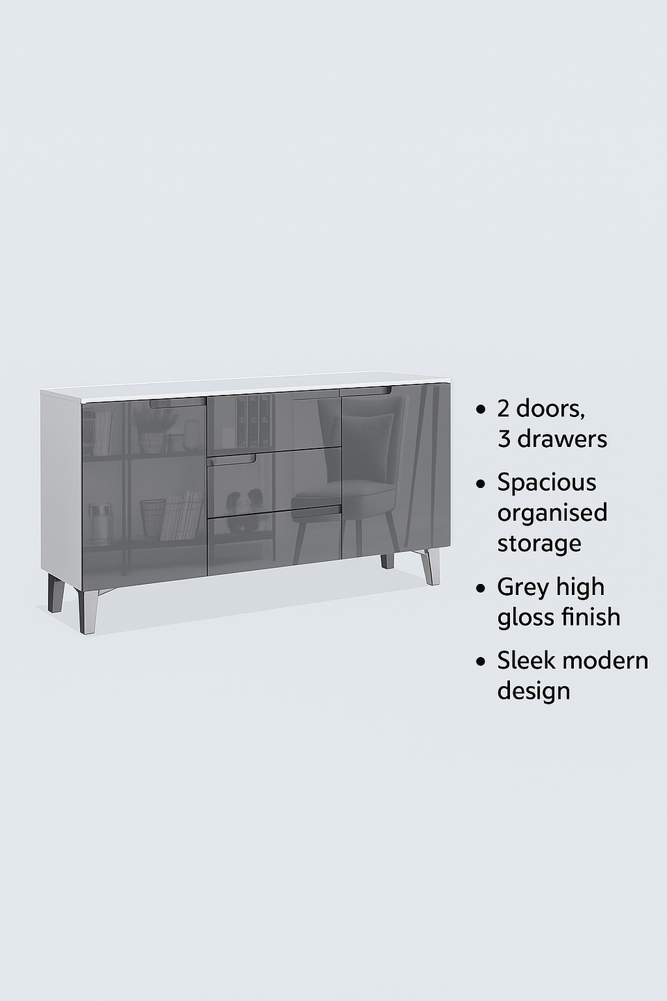 Adiree High Gloss And White 2 Doors and 3 Drawers Wide Sideboard- Grey