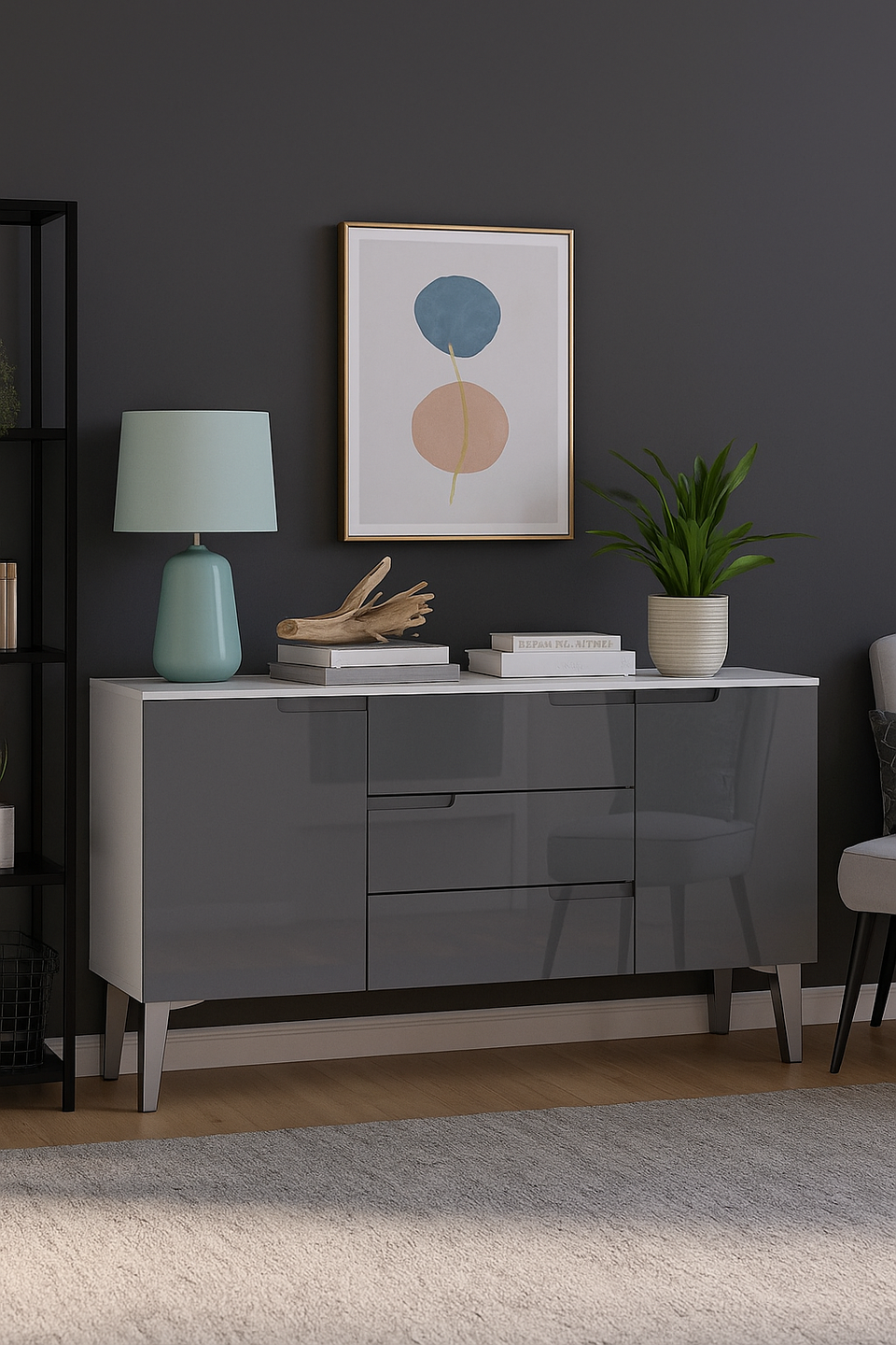 Adiree High Gloss And White 2 Doors and 3 Drawers Wide Sideboard- Grey