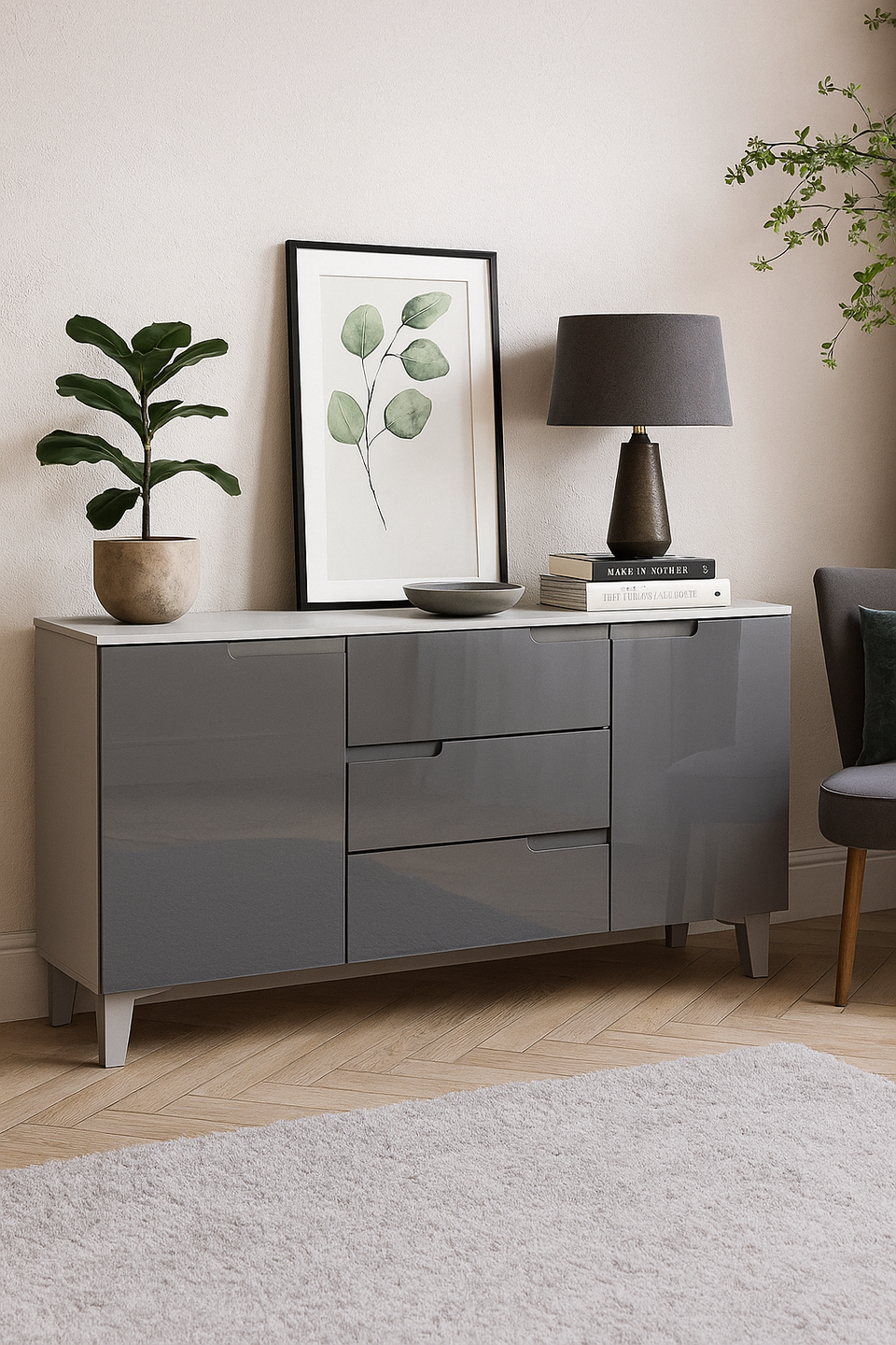 Adiree High Gloss And White 2 Doors and 3 Drawers Wide Sideboard- Grey