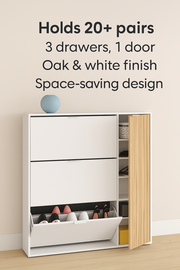 Lavish Kitchen Isle Dempsei oak effect and white large shoe rack cabinet with wooden storage and drawer for 20+ pairs of shoes