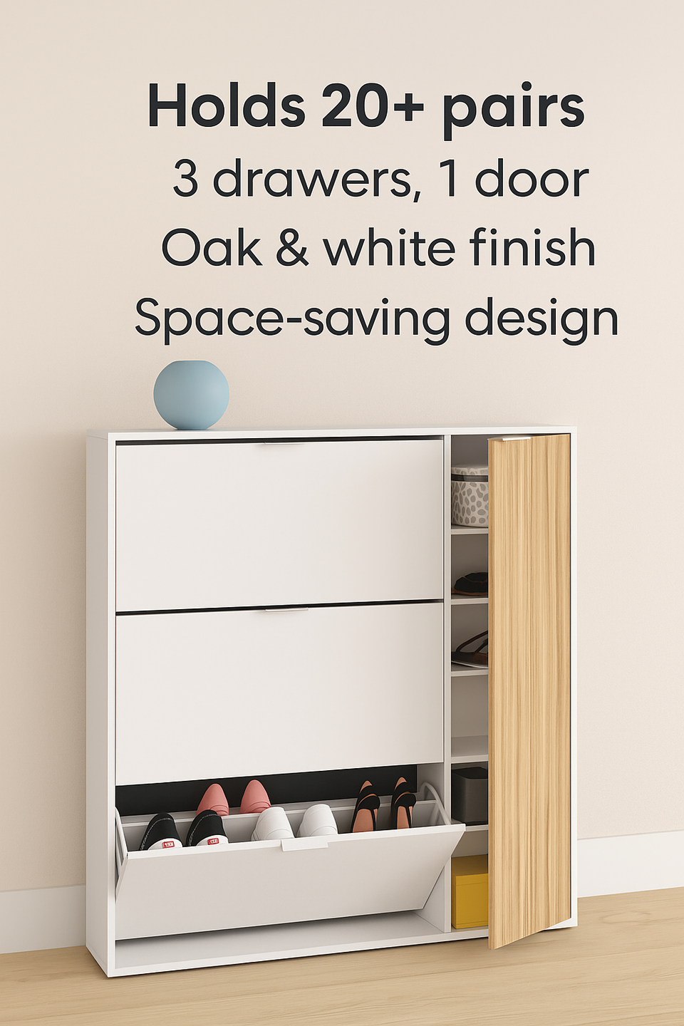 Dempsei Oak Effect & White Large Shoe Rack Cabinet - Wooden Storage Unit with Drawer for 20+ Pairs