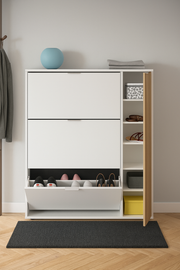 Lavish Kitchen Isle Dempsei oak effect and white large shoe rack cabinet with drawers, wooden storage unit for 20+ pairs shoes.