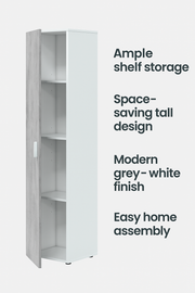 Grey and white narrow utility storage cupboard with 1 door and shelving, ideal for home or office organization by Lavish Kitchen Isle