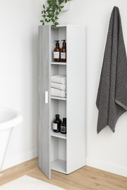 Narrow grey and white utility storage cupboard with one door and shelving, ideal for home or office use.