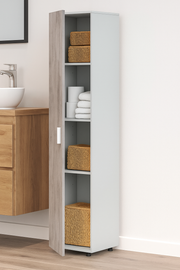 Grey and white narrow utility storage cupboard with a single door and shelving, ideal for home or office use.