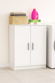 White 59cm wide Lavish Kitchen Isle storage cupboard with two doors, modern compact cabinet for organized kitchen or laundry space.