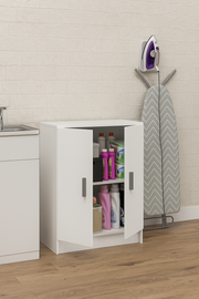 White 59cm wide Lavish Kitchen Isle 2-door storage cupboard with modern compact design, ideal for organizing laundry or household items.