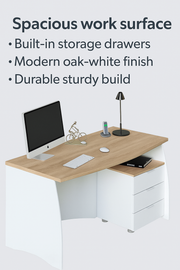 Auralis white and oak effect large office desk with three drawers, ideal for computer or laptop workspace in a modern home study.