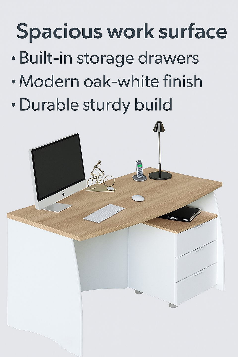 Auralis White and Oak Effect Large Office Desk with 3 Drawers Spacious Home Study Table for Computer or Laptop