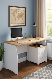 Lavish Kitchen Isle Auralis white and oak effect large office desk with 3 drawers, spacious workspace for computer or laptop.