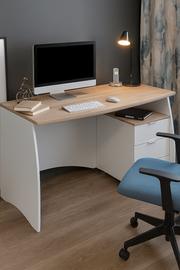 Lavish Kitchen Isle Auralis white and oak effect large office desk with three drawers, ideal for computer or laptop workspace.