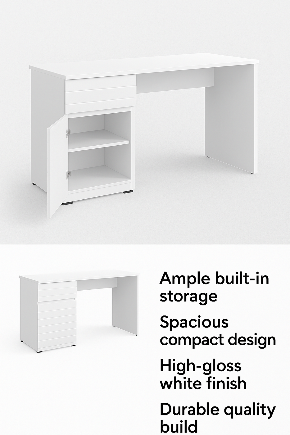 Solstice White Gloss Computer Desk Sleek Home Office Desk with Drawer and Cupboard