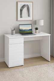 Lavish Kitchen Isle Solstice oak and white gloss computer desk with drawer and cupboard, sleek home office workspace.