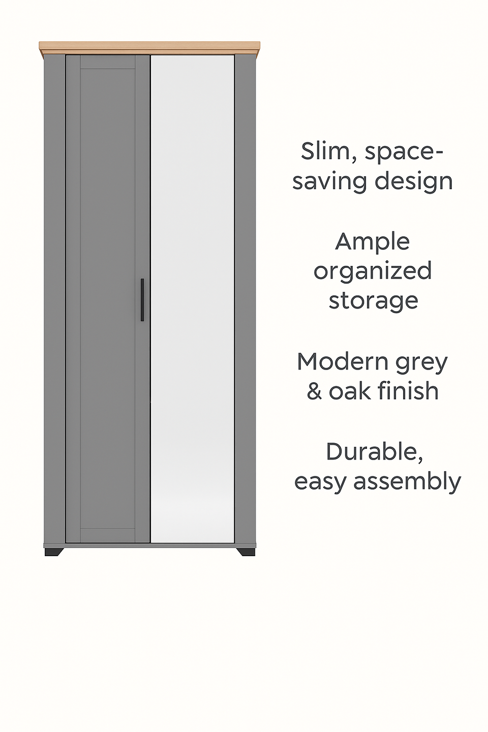 Space-Saving Wardrobe with Mirror and Shelves – Grey and Oak Effect