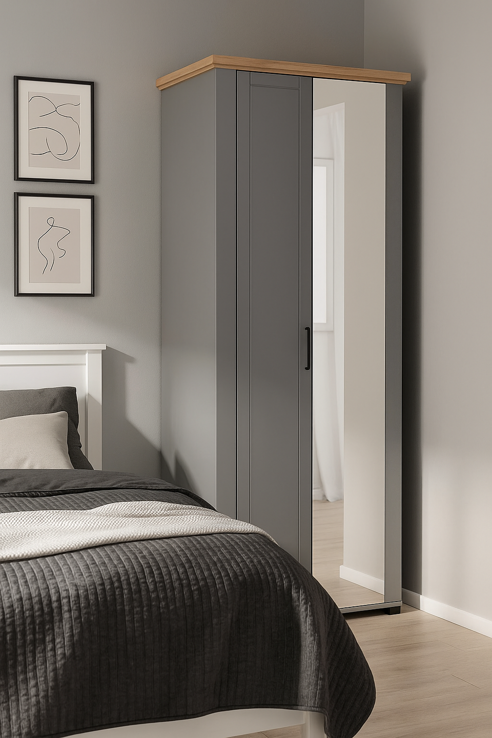 Space-Saving Wardrobe with Mirror and Shelves – Grey and Oak Effect