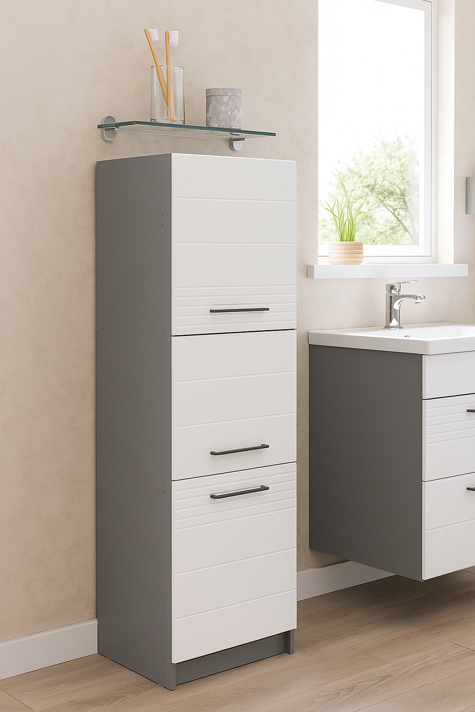 Harbour White High Gloss And Grey Tall 60cm 3 Door Kitchen Larder Unit Pantry Cupboard