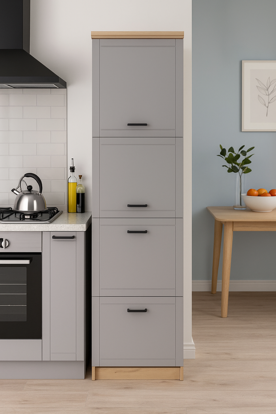 Harbour Grey And Oak Effect Tall 60cm 3 Door Kitchen Larder Unit Pantry Cupboard