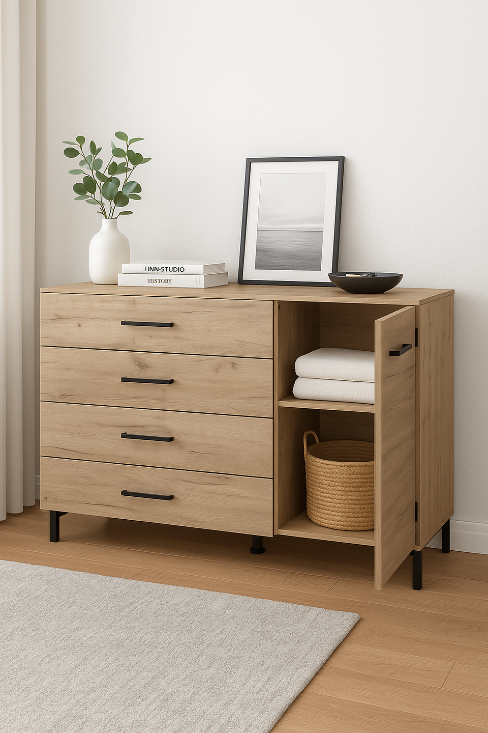 Bliss Oak Effect 1 Door 4 Drawer Sideboard Storage Unit