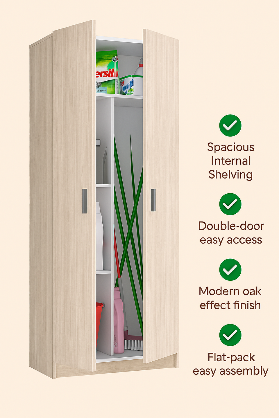 Tall Oak Effect 2 Door Utility Storage Cupboard 73cm Wide Multi Use with Internal Shelves