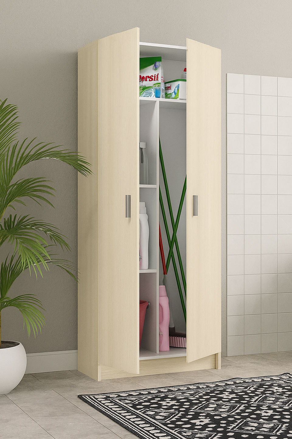 Tall Oak Effect 2 Door Utility Storage Cupboard 73cm Wide Multi Use with Internal Shelves