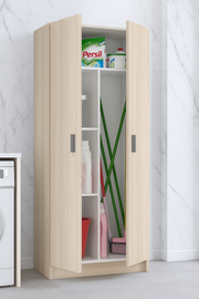 Tall oak effect utility storage cupboard with two doors and internal shelves, 73cm wide, from Lavish Kitchen Isle.