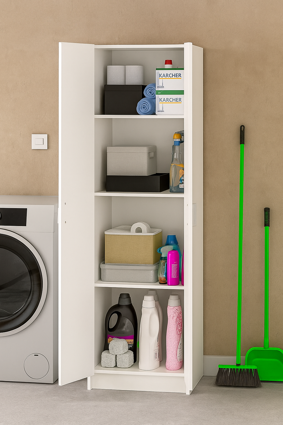 Multi Tall White Shoe Storage Cupboard 59cm Wide 2 Door Utility Cabinet with Internal Shelves