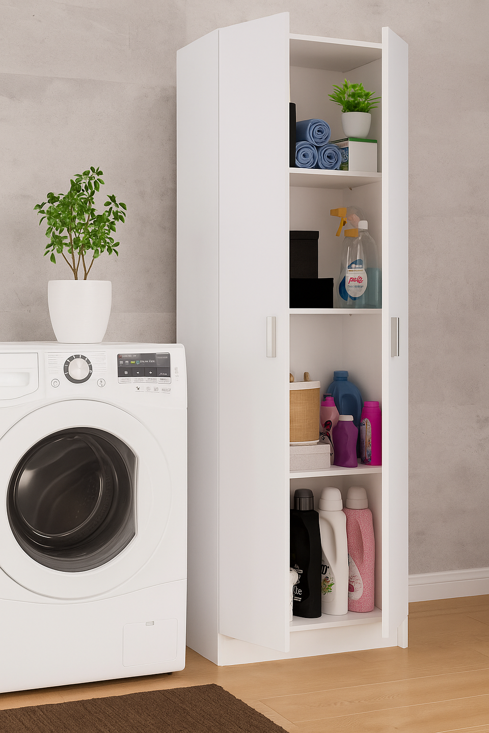 Multi Tall White Shoe Storage Cupboard 59cm Wide 2 Door Utility Cabinet with Internal Shelves