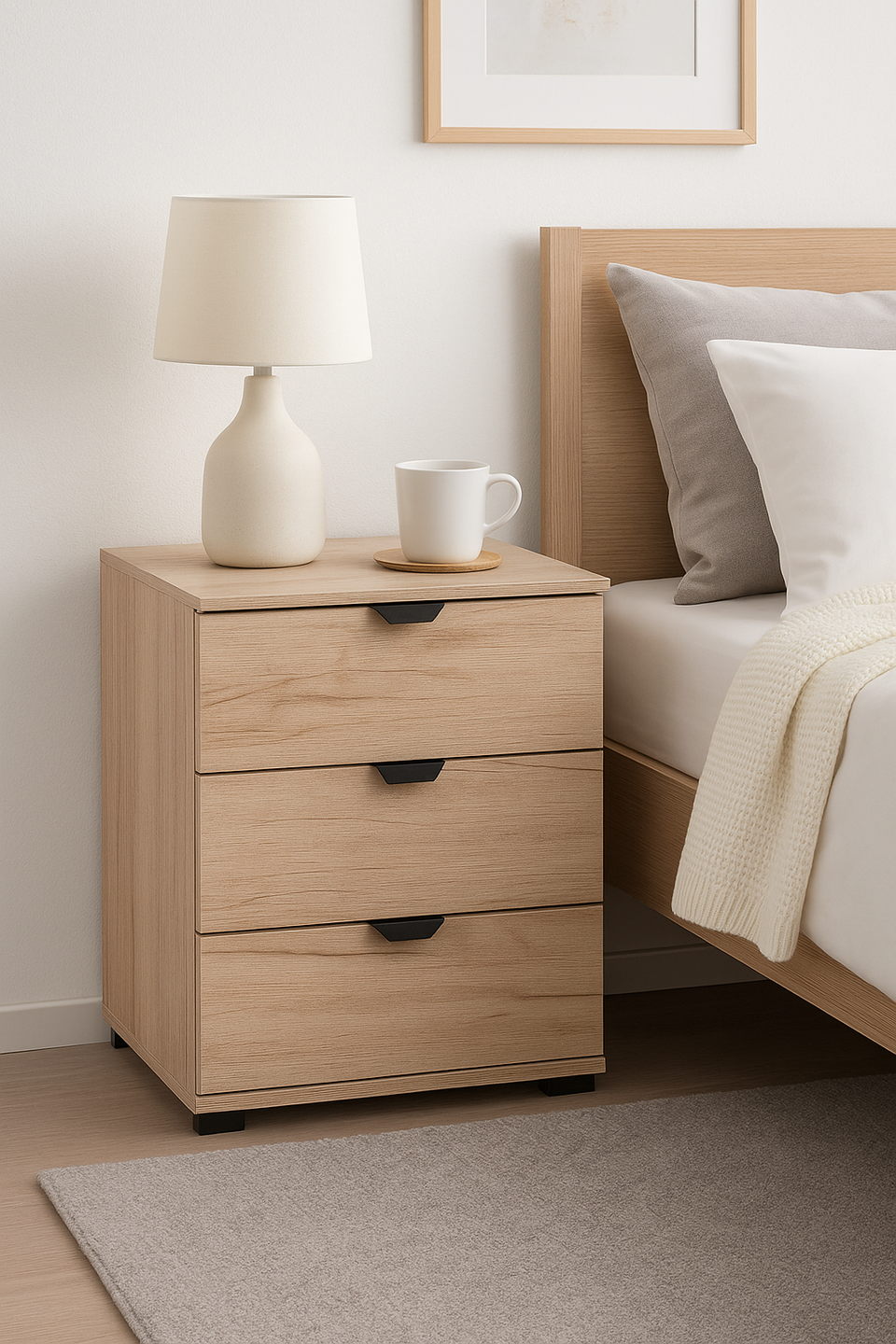 Grey Oak Effect 3 Drawer Bedside Table – Modern Bedroom Storage