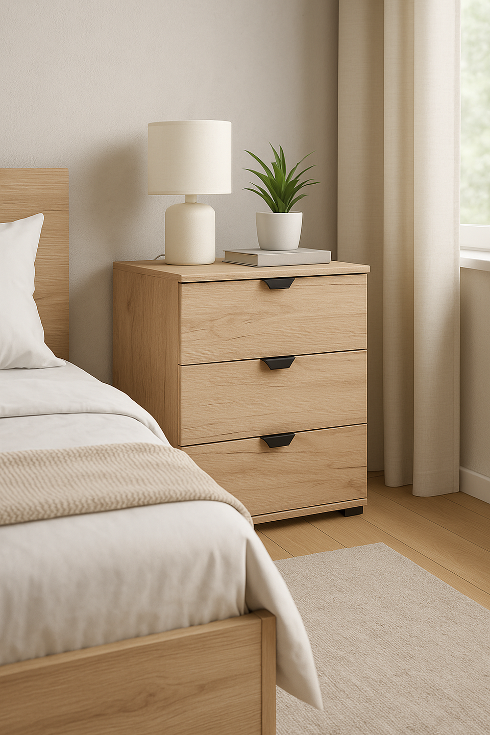 Grey Oak Effect 3 Drawer Bedside Table – Modern Bedroom Storage