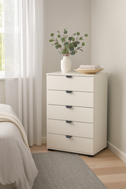 White Lavish Kitchen Isle narrow 5-drawer chest for bedroom storage, modern space-saving dresser with sleek design.