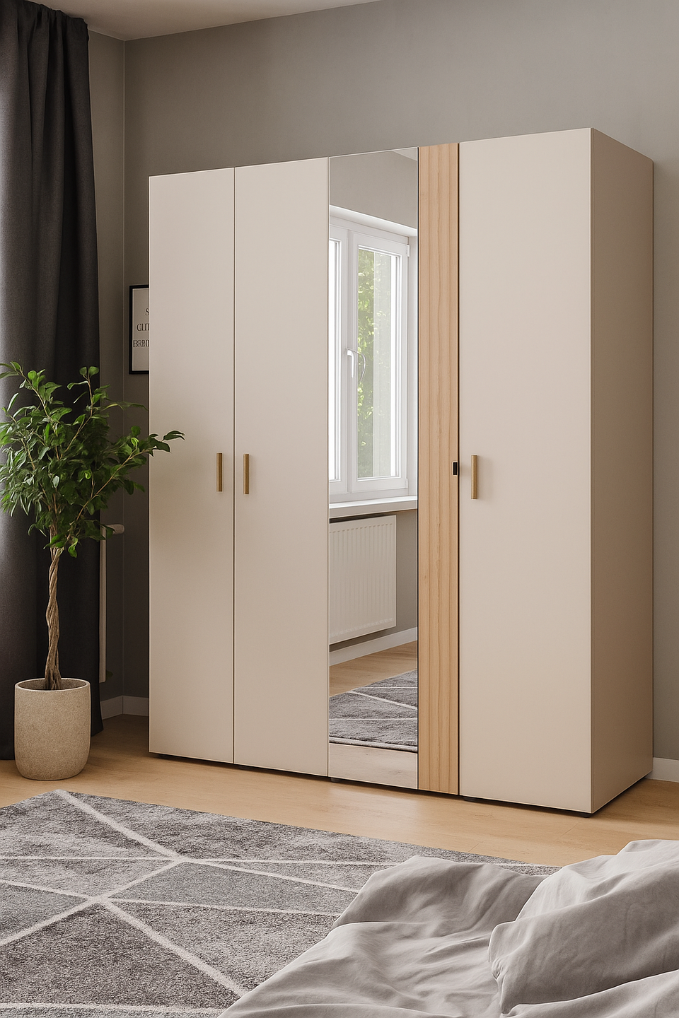 Cashmere and Oak Effect 5 Door Mirrored Wardrobe – Modern Bedroom Storage