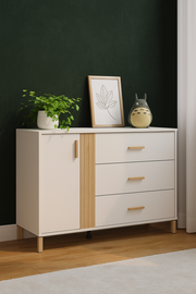 Lagdu cashmere and oak effect chest of drawers with 3 drawers and a cupboard, stylish storage unit from Lavish Kitchen Isle.
