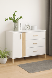 Lagdu cashmere and oak effect chest of drawers by Lavish Kitchen Isle with 3 drawers and 1 cupboard in a cozy room setting.