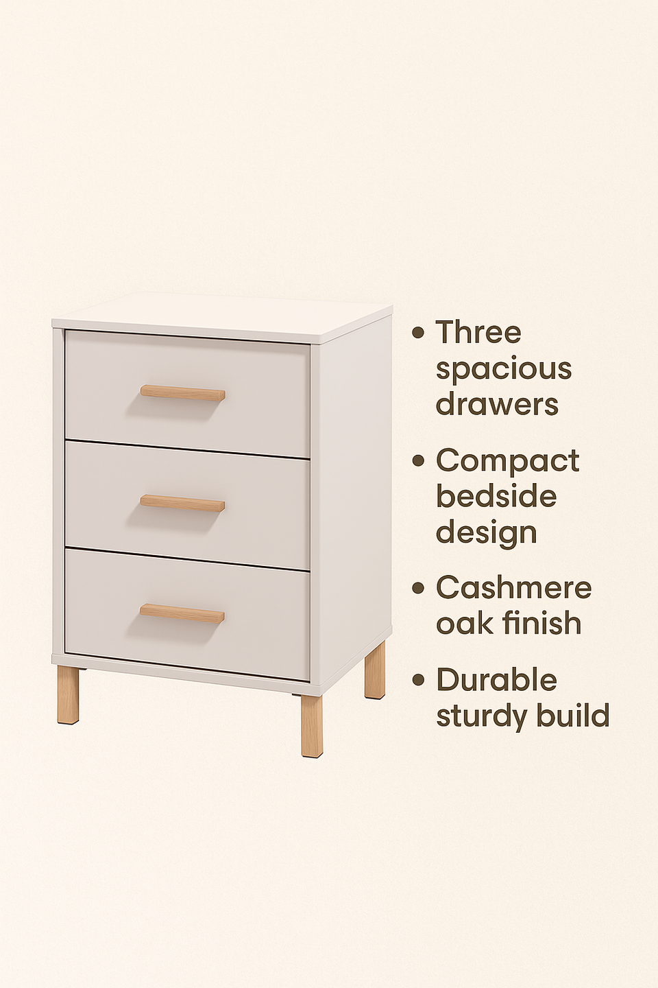 Lagdu Cashmere and Artisan Oak Effect Nightstand – 3 Drawer Bedside Table