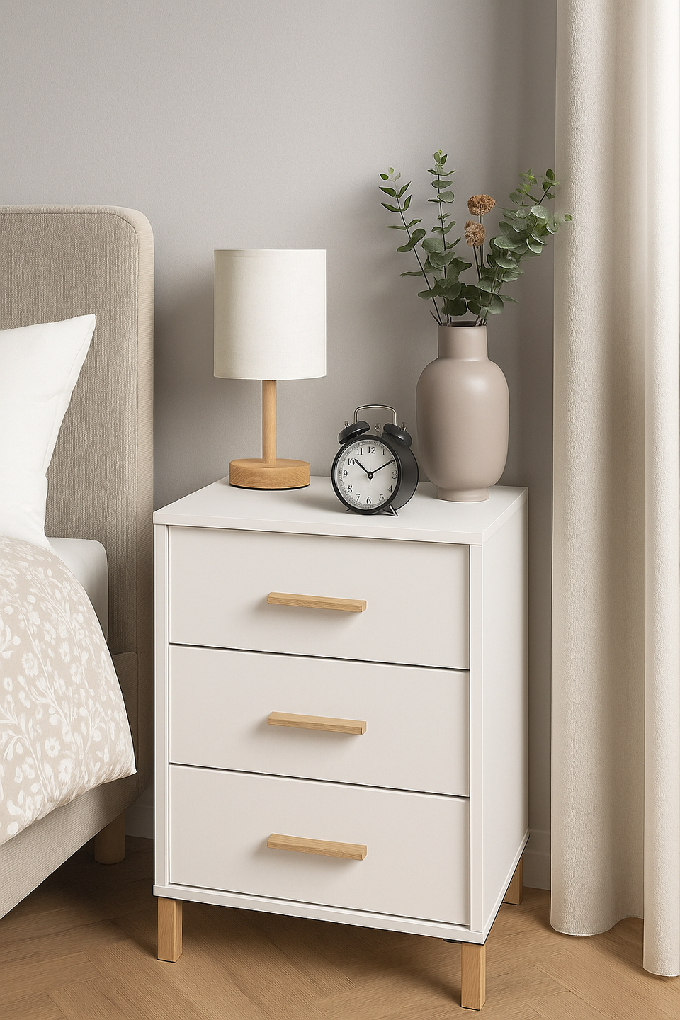 Lagdu Cashmere and Artisan Oak Effect Nightstand – 3 Drawer Bedside Table