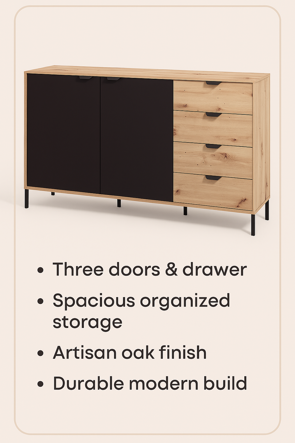 Artisan Oak Effect and Black Sideboard – 2 Door 4 Drawer Storage Cabinet