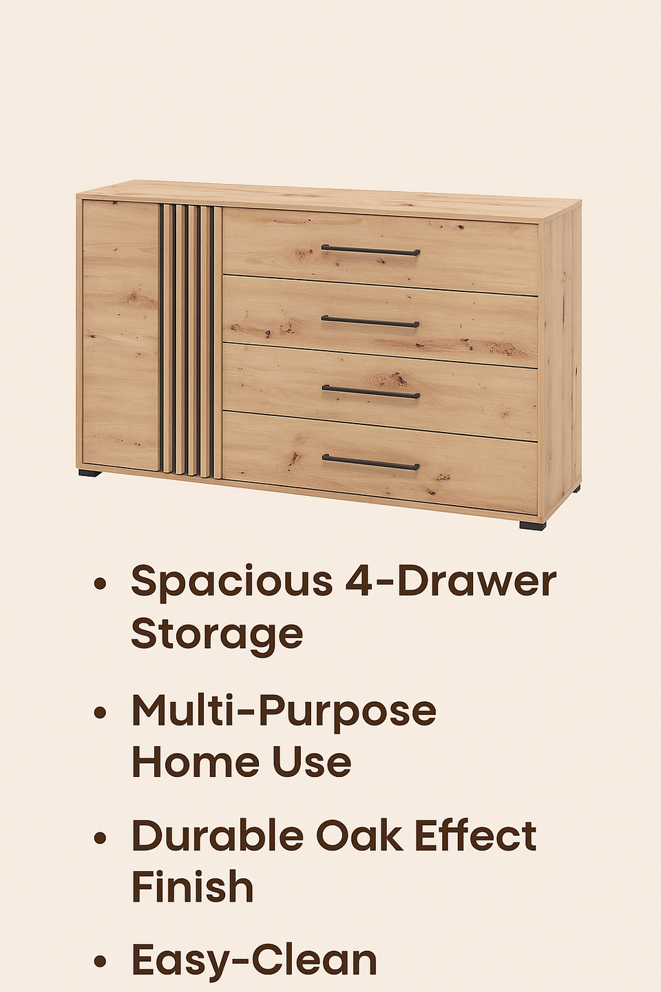 Oak Effect and Black 138cm Wide Sideboard Cabinet with 4 Drawers and Cupboard