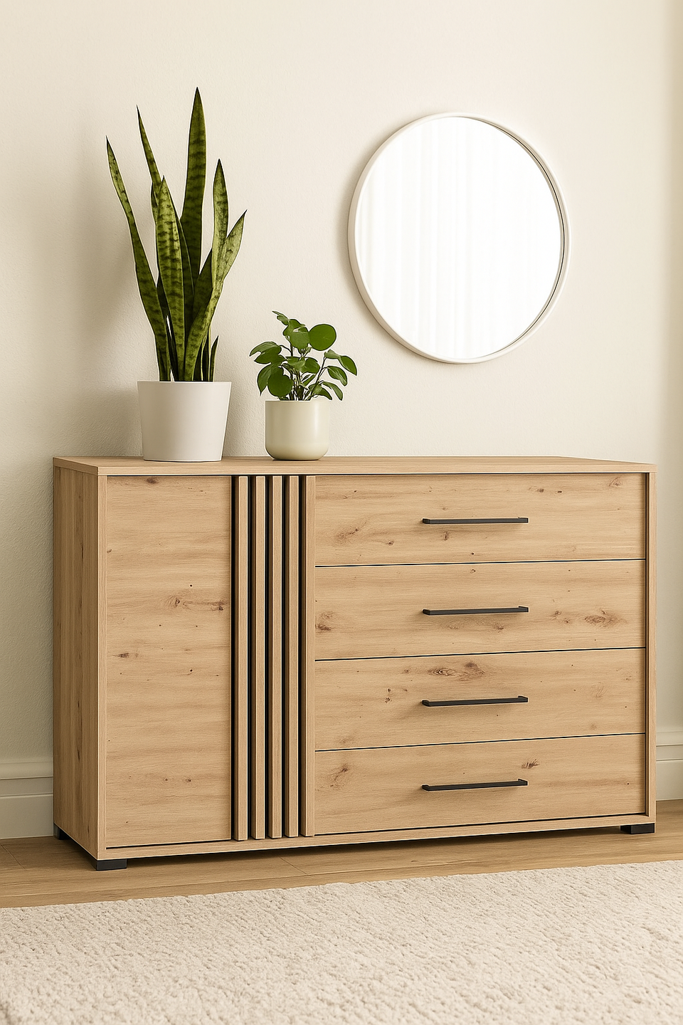 Oak Effect and Black 138cm Wide Sideboard Cabinet with 4 Drawers and Cupboard