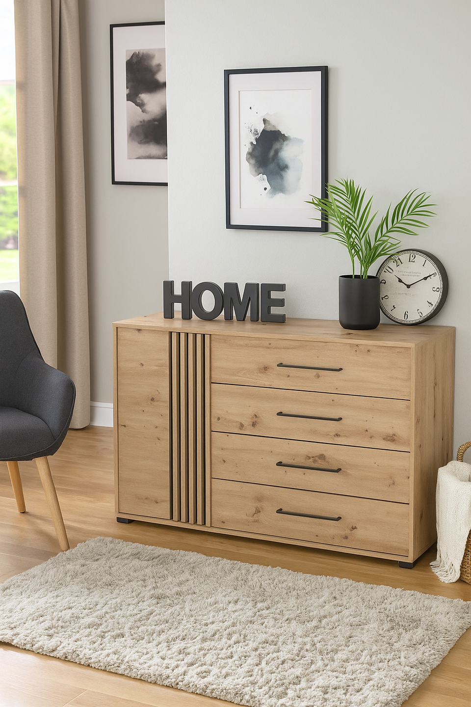 Oak Effect and Black 138cm Wide Sideboard Cabinet with 4 Drawers and Cupboard