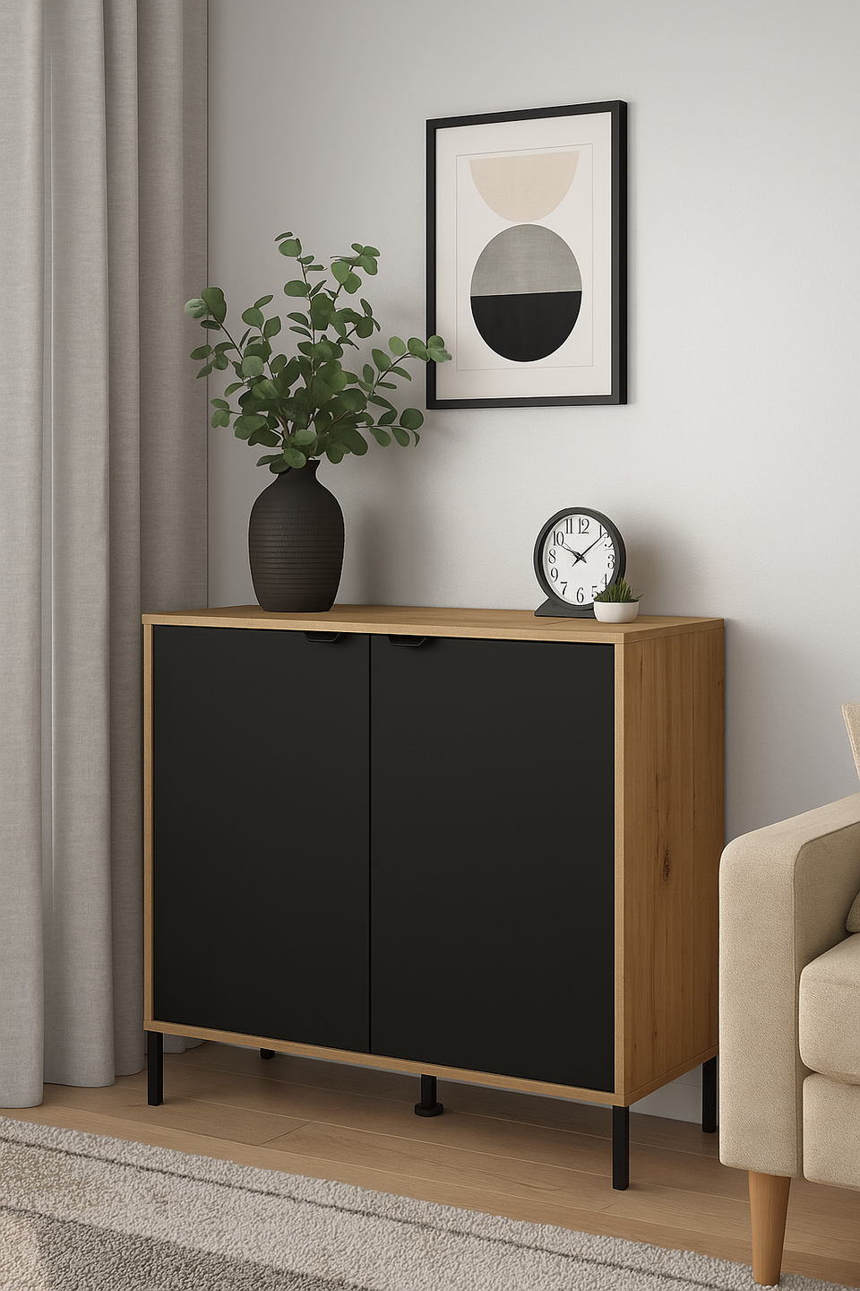 Artisan Oak Effect and Black Small Sideboard – 2 Door Storage Cabinet