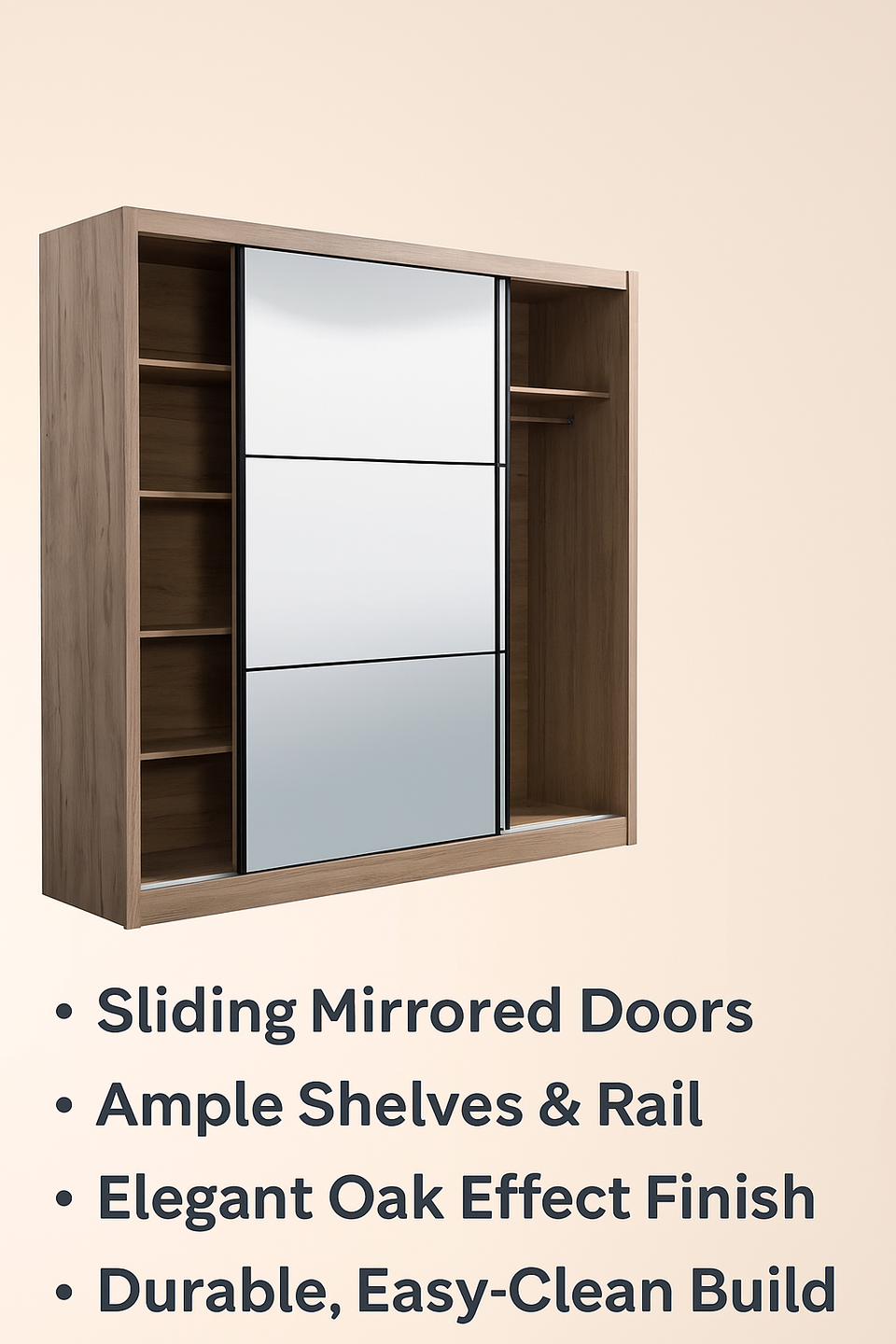 Orbix Artisan Oak Effect Sliding Door Wardrobe 213cm Wide Full Mirrored with Shelving and Hanging Rail