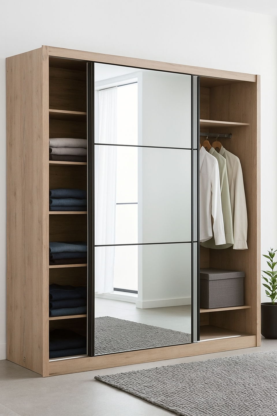 Orbix Artisan Oak Effect Sliding Door Wardrobe 213cm Wide Full Mirrored with Shelving and Hanging Rail