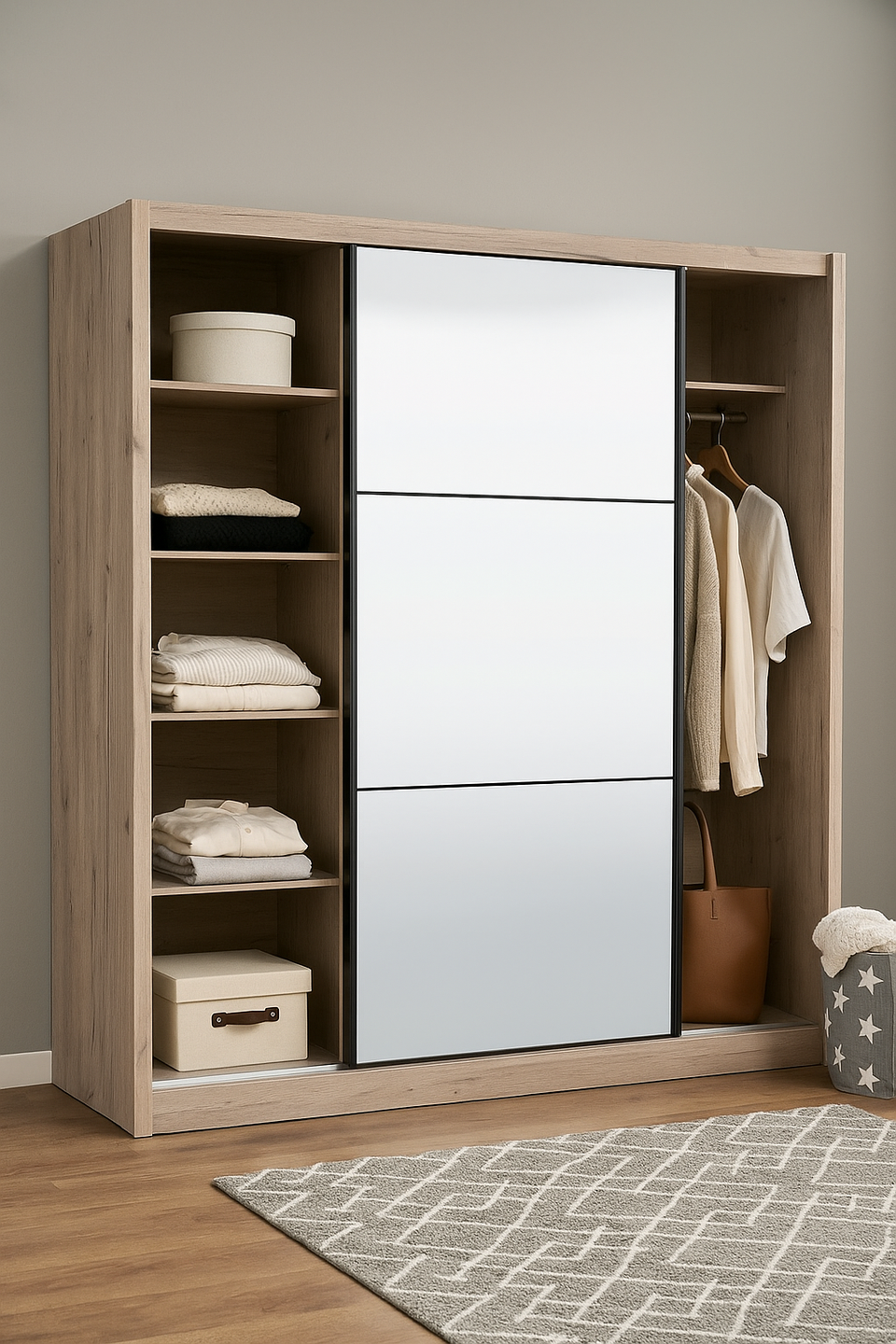 Orbix Artisan Oak Effect Sliding Door Wardrobe 213cm Wide Full Mirrored with Shelving and Hanging Rail