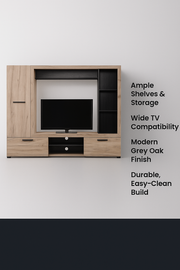 Grey oak effect and black entertainment unit with three doors and six shelves, modern TV stand with sleek design.