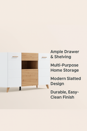 Lavish Kitchen Isle Flux slatted oak effect and white gloss sideboard with drawers, doors, and shelf for living or dining room storage