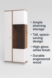 White high-gloss display cabinet with oak-effect finish and 8 shelves, featuring a sleek modern design by Lavish Kitchen Isle