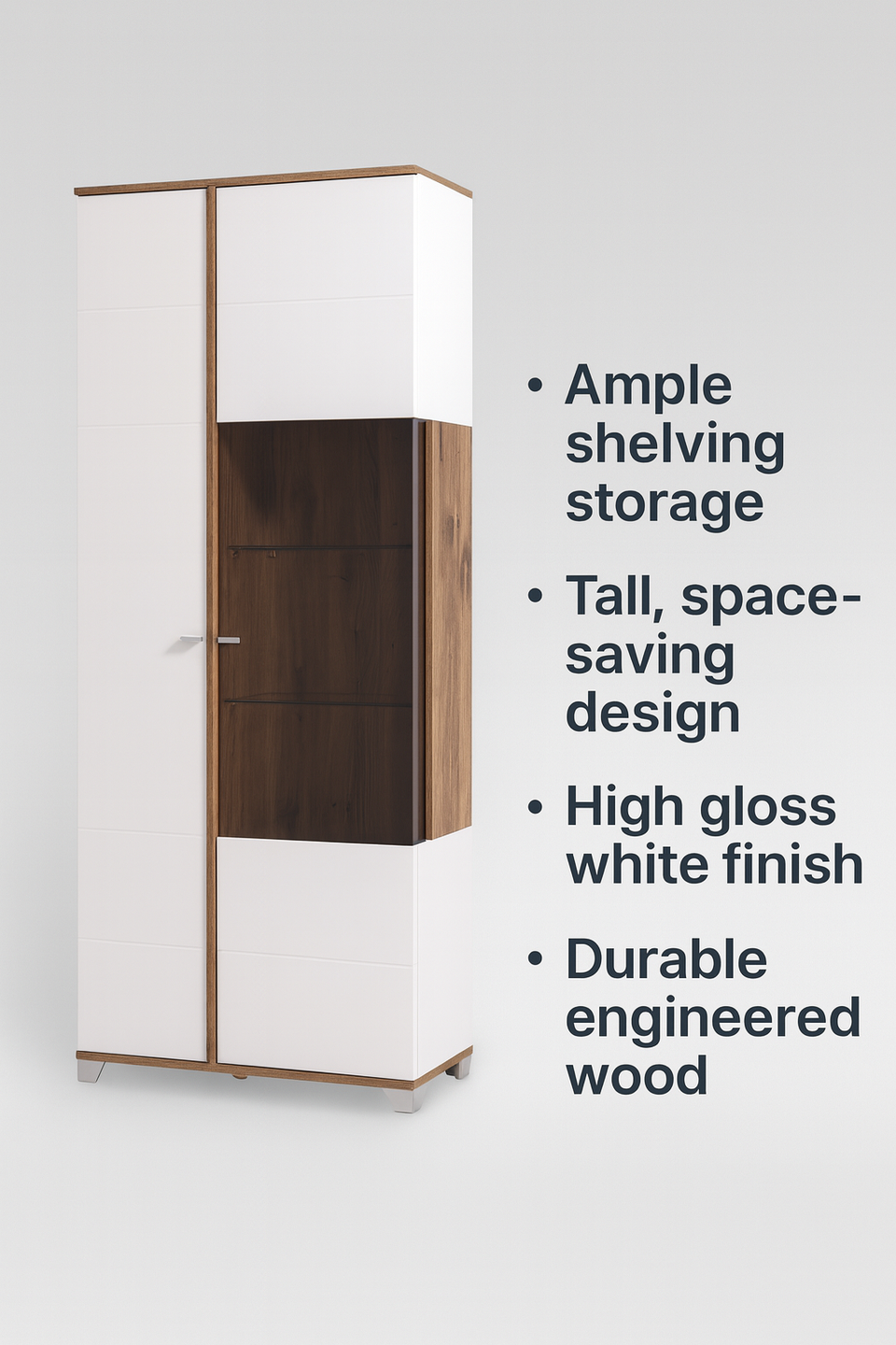 White high-gloss display cabinet with oak-effect finish and 8 shelves